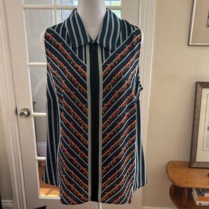 NWT CAbi Navy Striped Sleeveless Collared Tank with Orange Floral Trim. Size M
